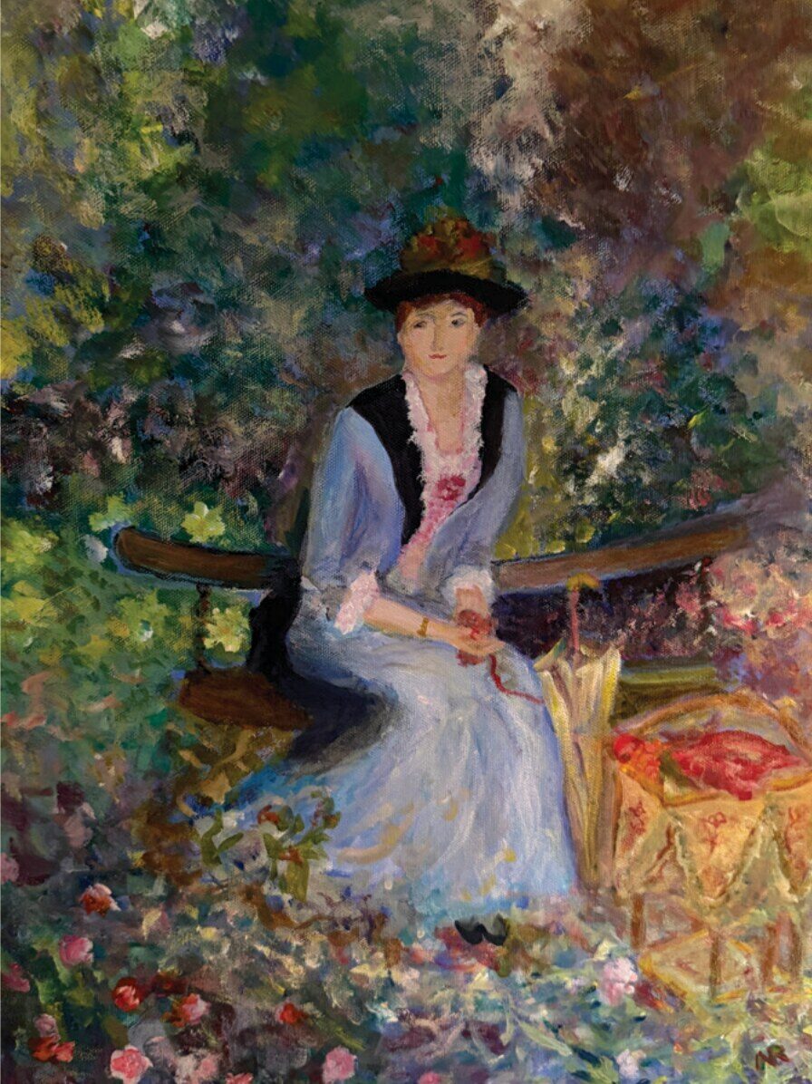 Painting by Naomi A. Reich of a woman seated on a garden bench among flowers